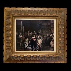 Vintage 60s Rembrandt Painting The Night Watch Print Framed MCM Gold Frame